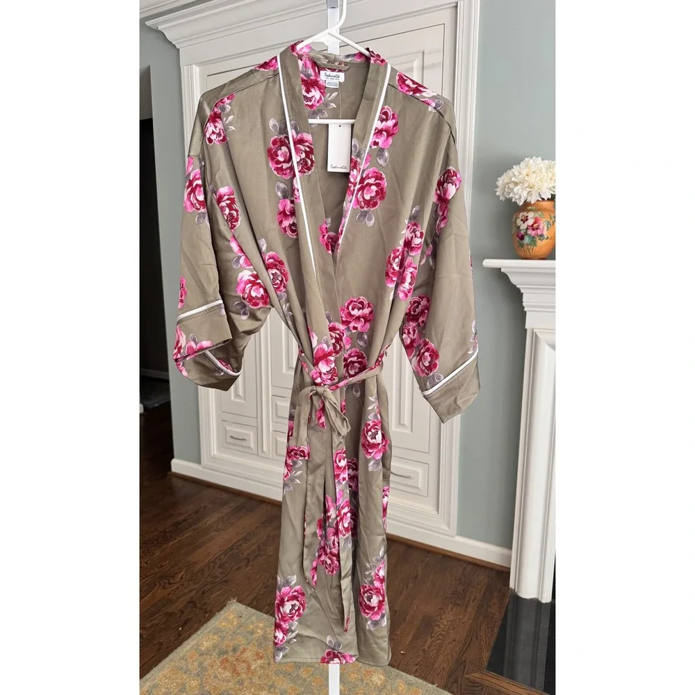 NWT Splendid Floral Satin Robe Long Pink Roses Taupe Olive Green NWT L XL